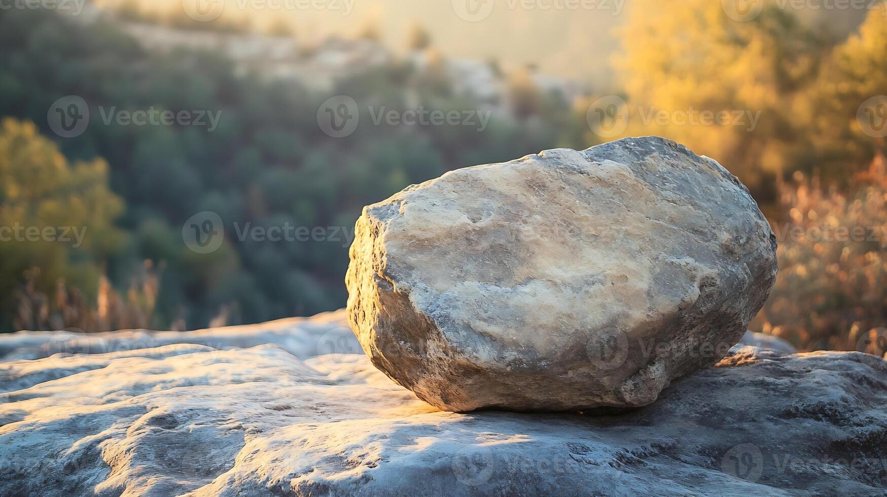 Tranquil Scene of a Large Boulder on Sunlit Hilltop Surrounded by Natural Landscape photo