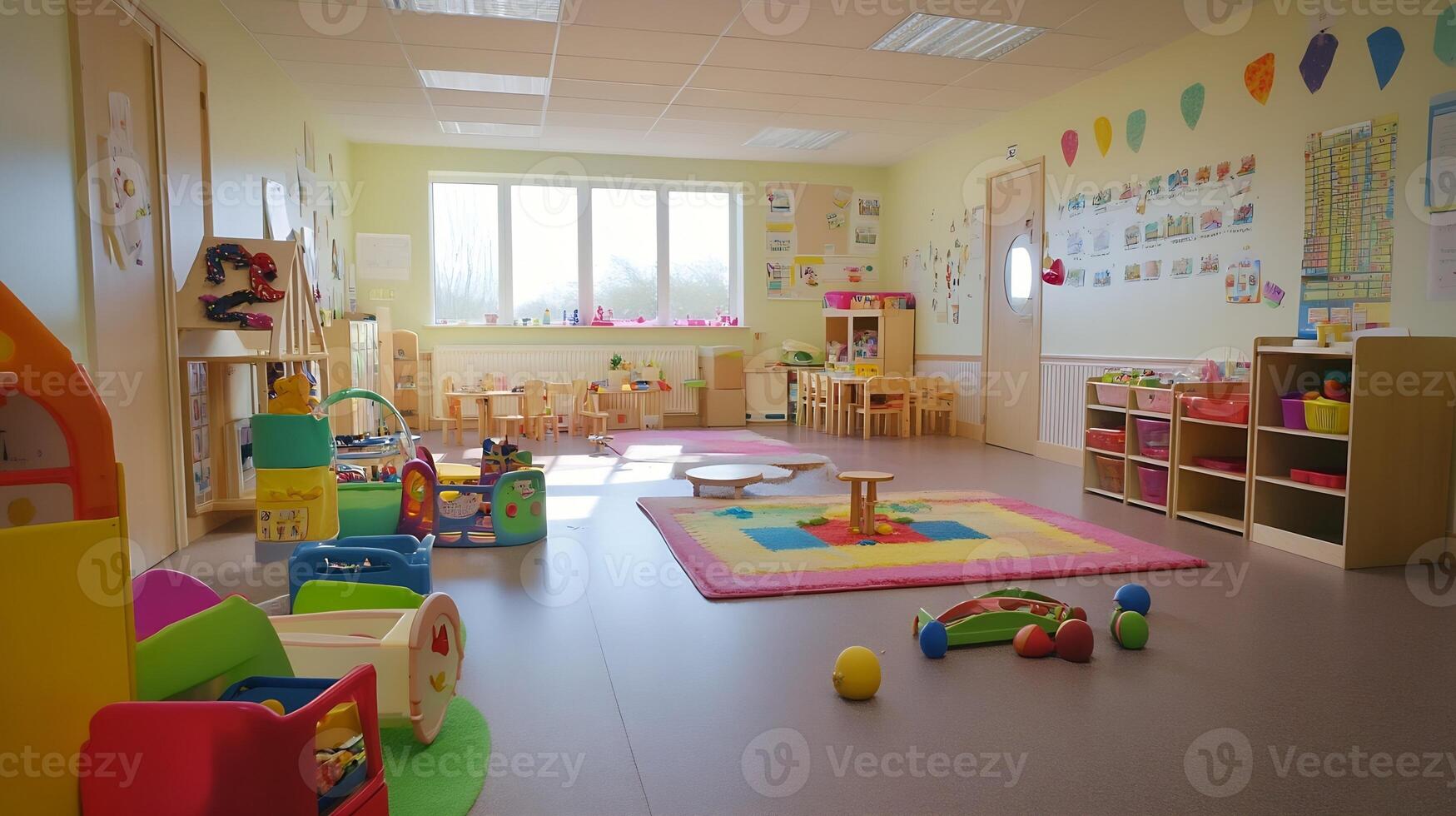 Bright Modern Kindergarten Classroom Filled with Colorful Toys and Learning Materials photo