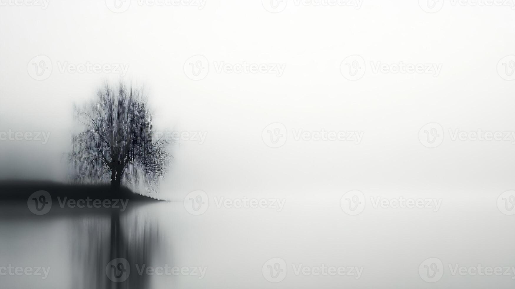Solitary Tree in Minimalist Landscape with Reflective Water and Misty Atmospheric Background photo