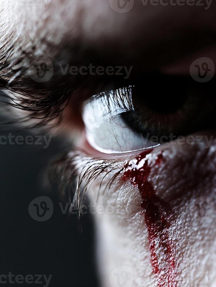 Dark Close-Up of Human Eye with Bold Red Highlights and Intense Emotion photo