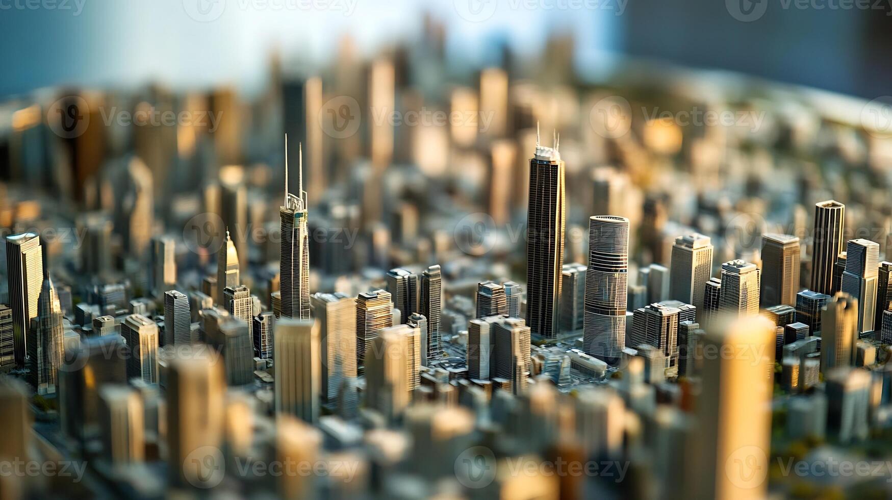 Miniature model of a modern city skyline with detailed skyscrapers photo