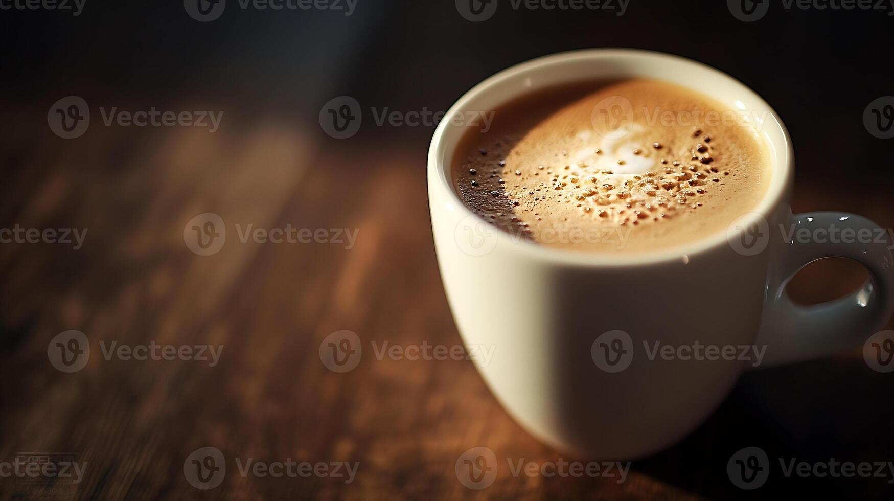Aromatic Cup of Coffee Casting Shadows on Rustic Wooden Surface in Cozy Cafe Setting photo