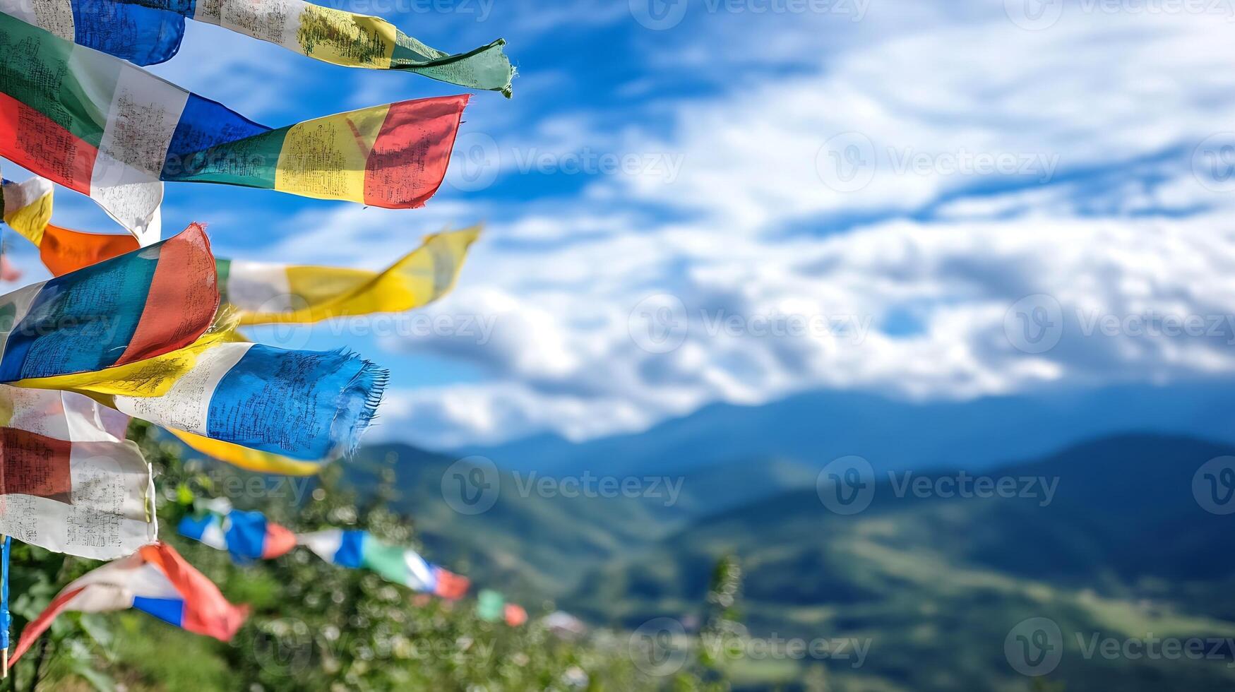 Colorful Tibetan Prayer Flags Fluttering in Mountain Breeze for Spiritual Tranquility and Cultural Essence photo