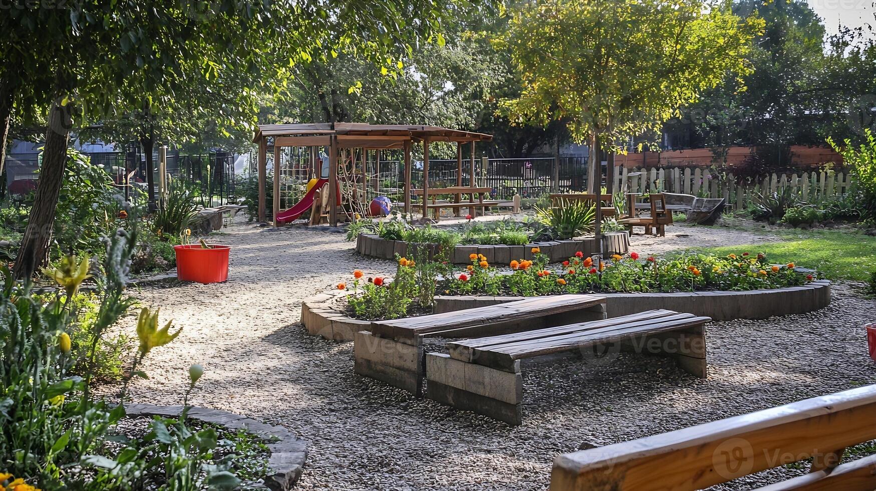 Charming natural playground with plants benches and play structures in a serene park setting photo