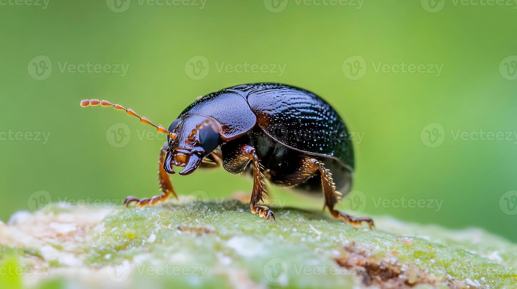 Close-Up of a Shiny Black Beetle on a Leaf in a Vibrant Green Environment photo