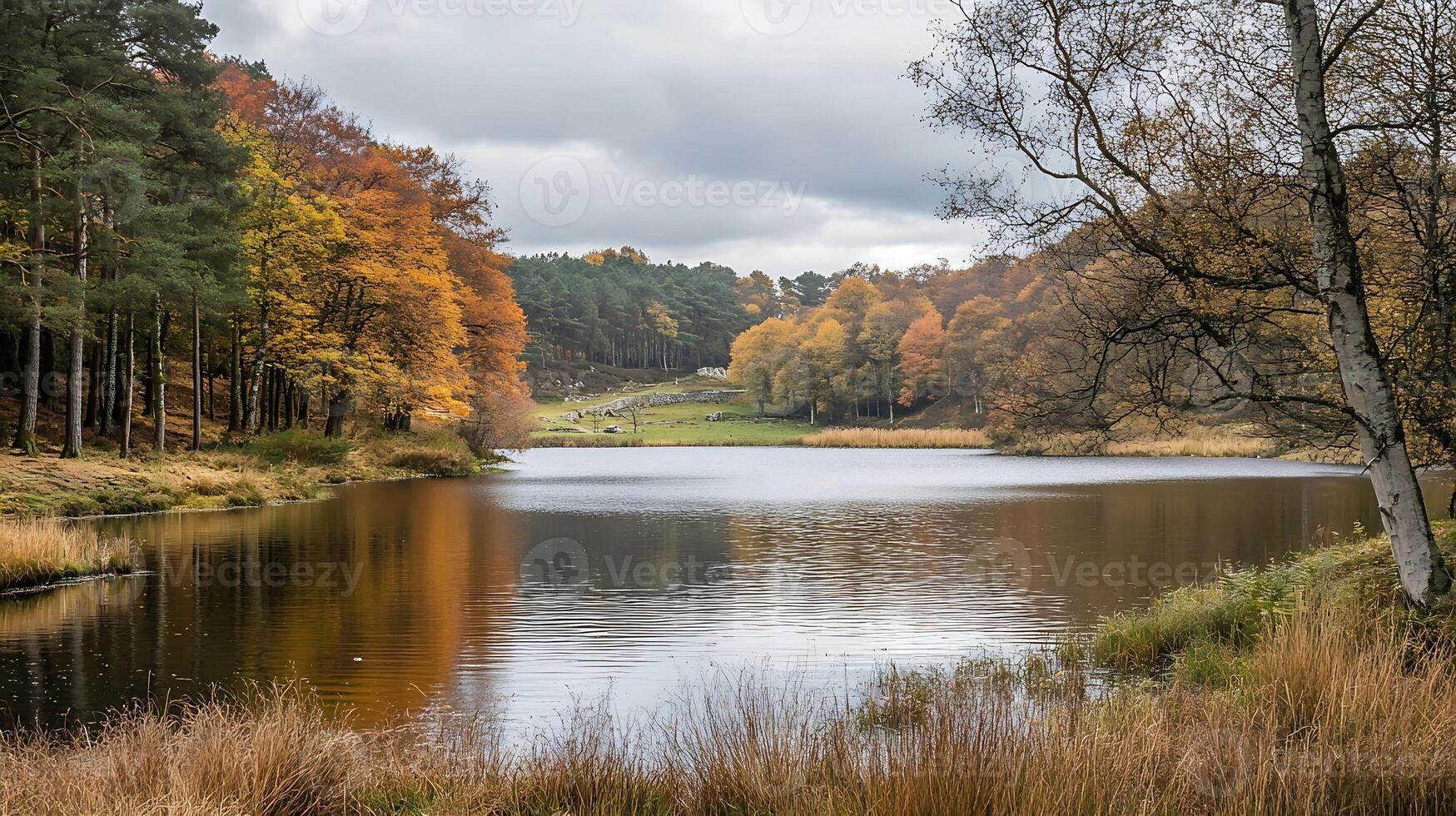 Autumn Lakeside Scene with Vibrant Tree Reflections and Tranquil Water Vibes photo