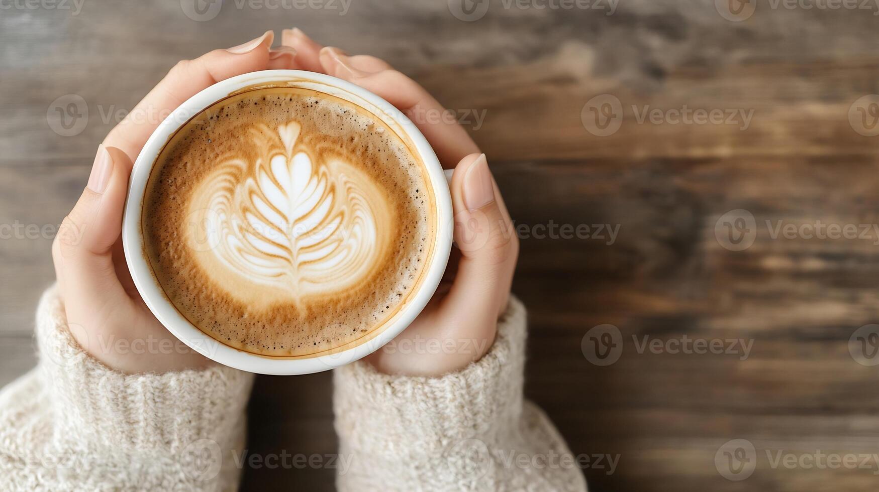 Top View Of A Cozy Cappuccino With Leaf Latte Art Held By Someone Wearing A Cozy Sweater On Wooden Background photo