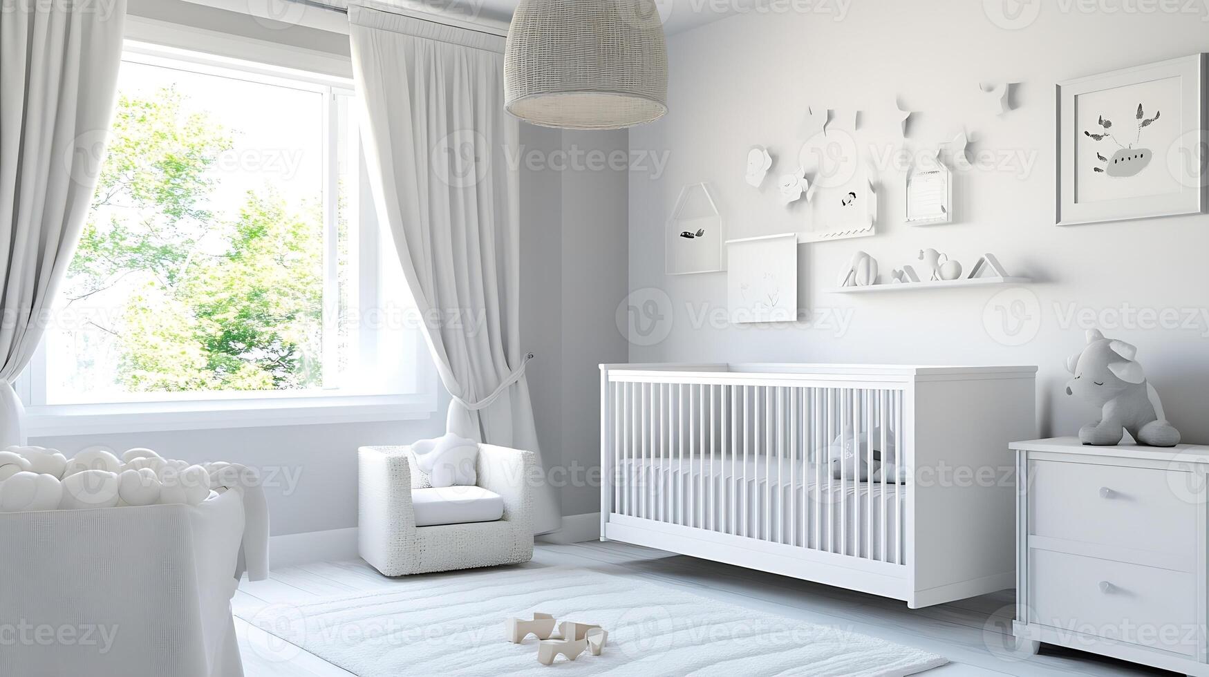Serene and Airy White Themed Nursery Room with Elegant Modern Furniture and Soft Lighting photo