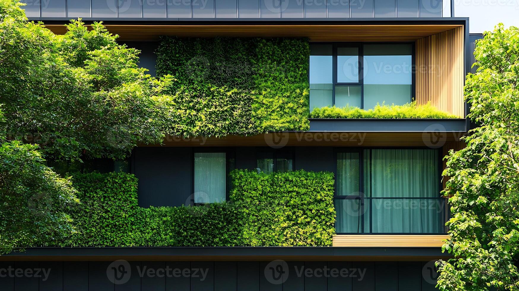 Modern Architectural Facade with Green Vertical Gardens for Sustainable Living photo