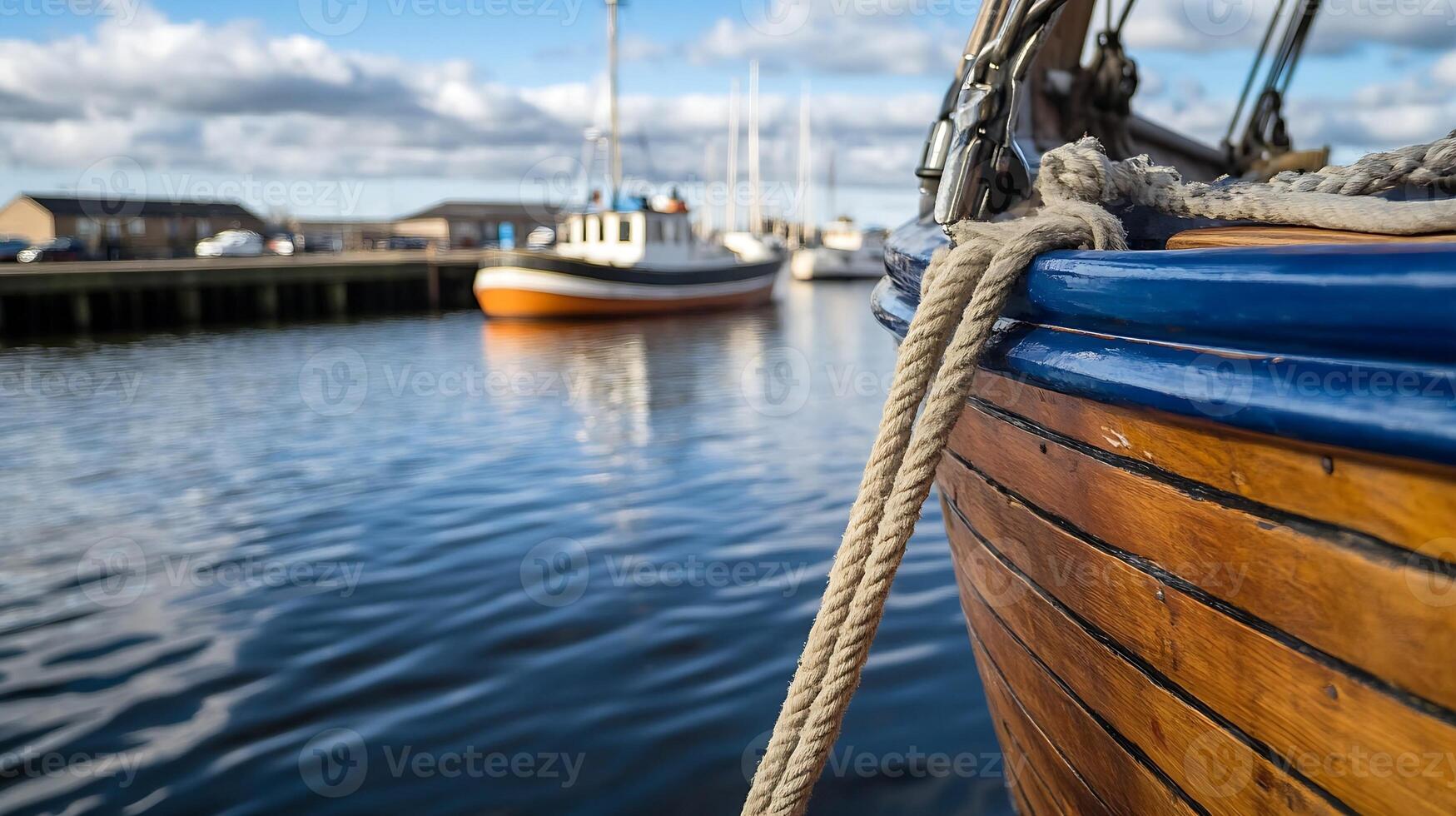 A Classic Wooden Boat Moored in a Tranquil Harbor with Cloudy Skies and Reflection photo