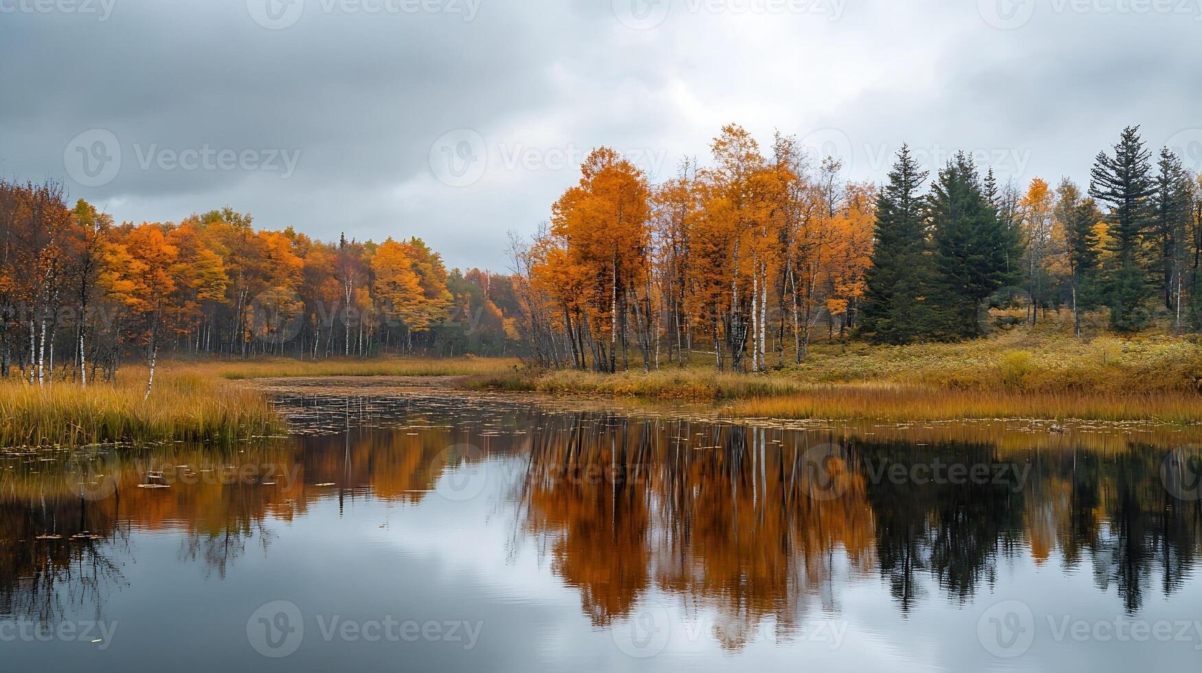 Autumn Trees Reflecting in Tranquil Lake Amidst Overcast Skies photo