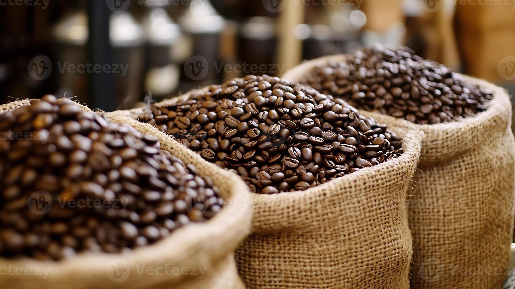 Burlap Sacks Filled with Freshly Roasted Coffee Beans in Rustic Cafe Setting photo
