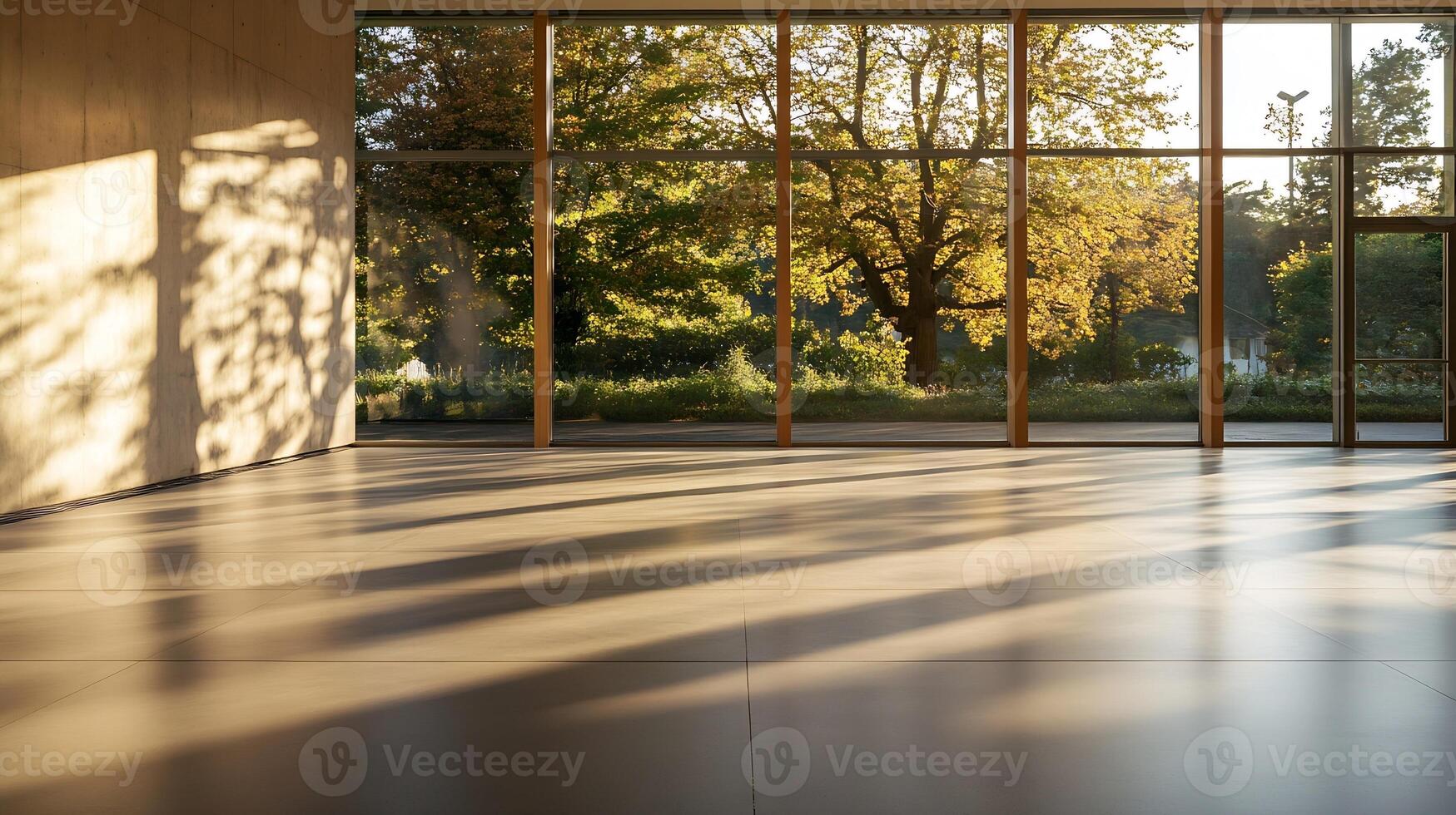 Sunlit Empty Room with Floor-to-Ceiling Windows Overlooking Autumn Trees photo