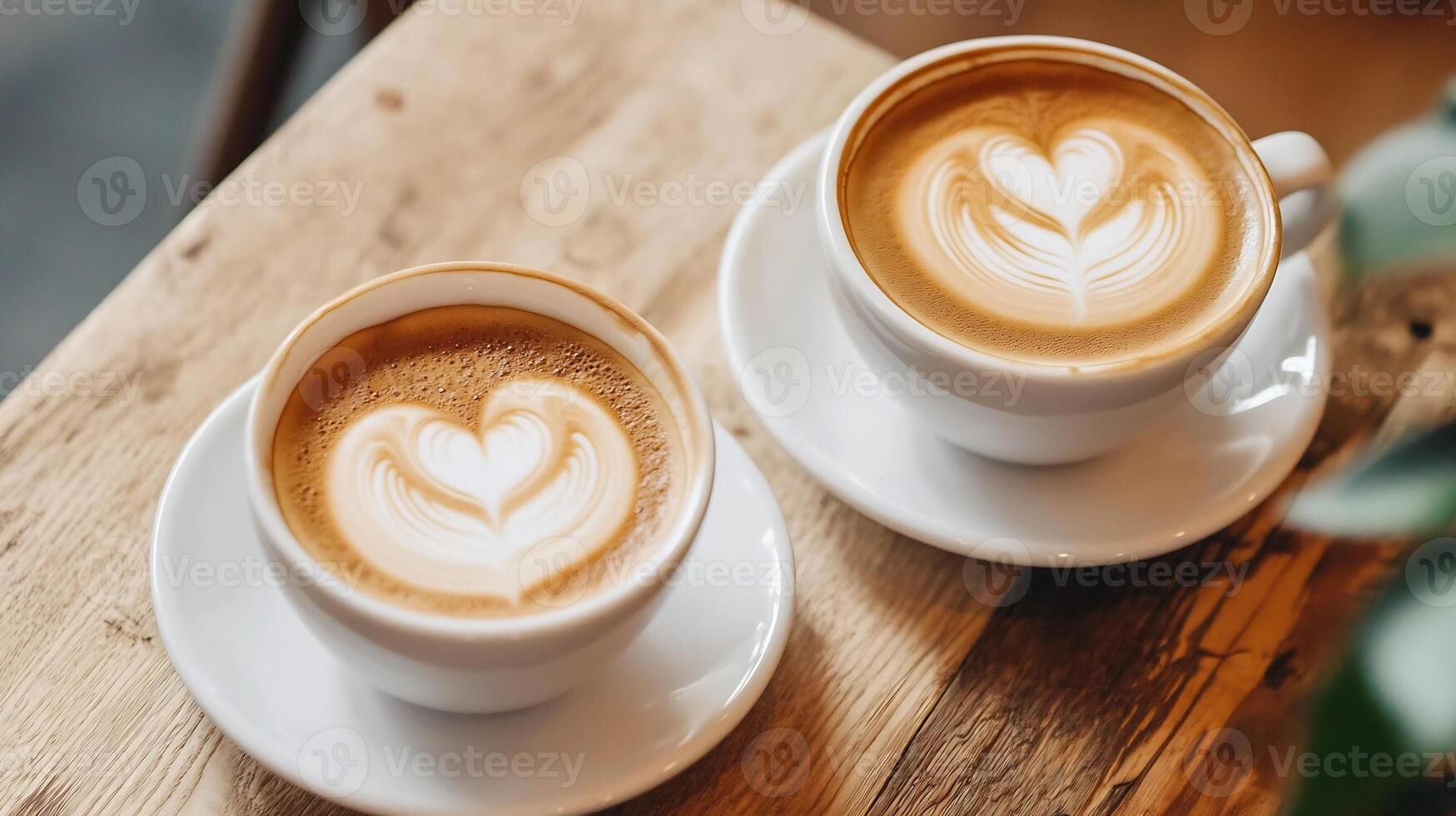 Artistic Latte Coffee Cups with Heart Shaped Foam Design on Wooden Table photo