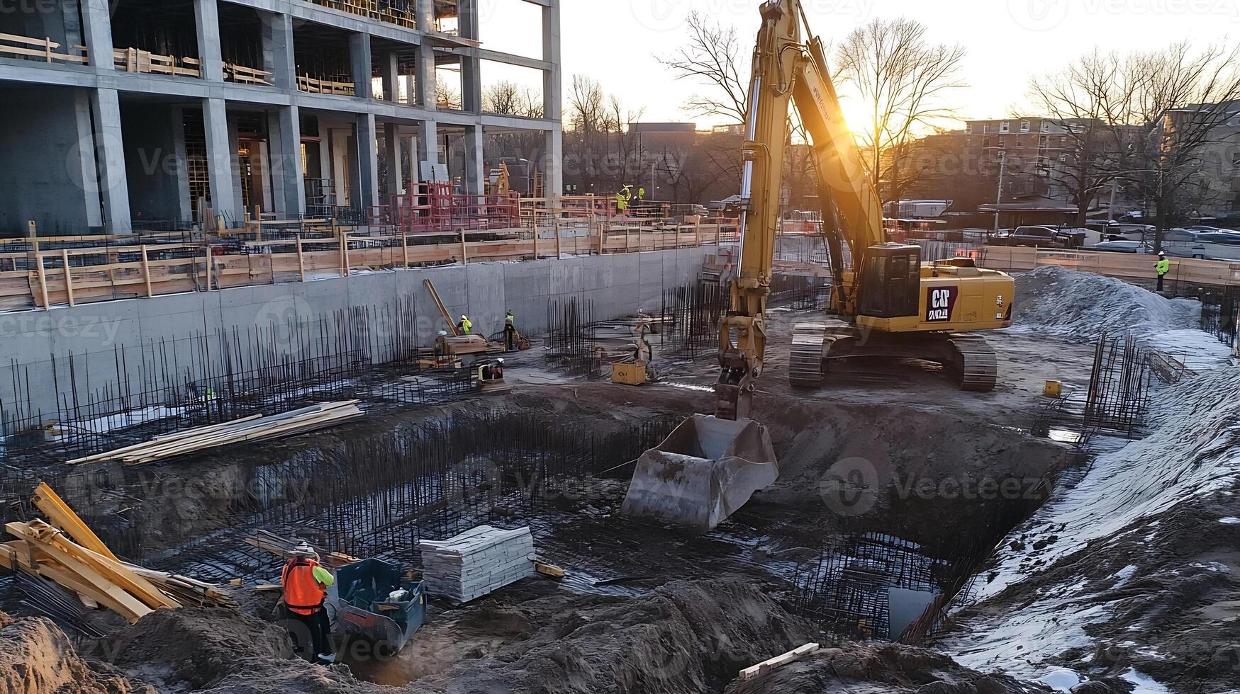 Construction Site Excavation with Heavy Machinery at Sunset for Urban Development photo