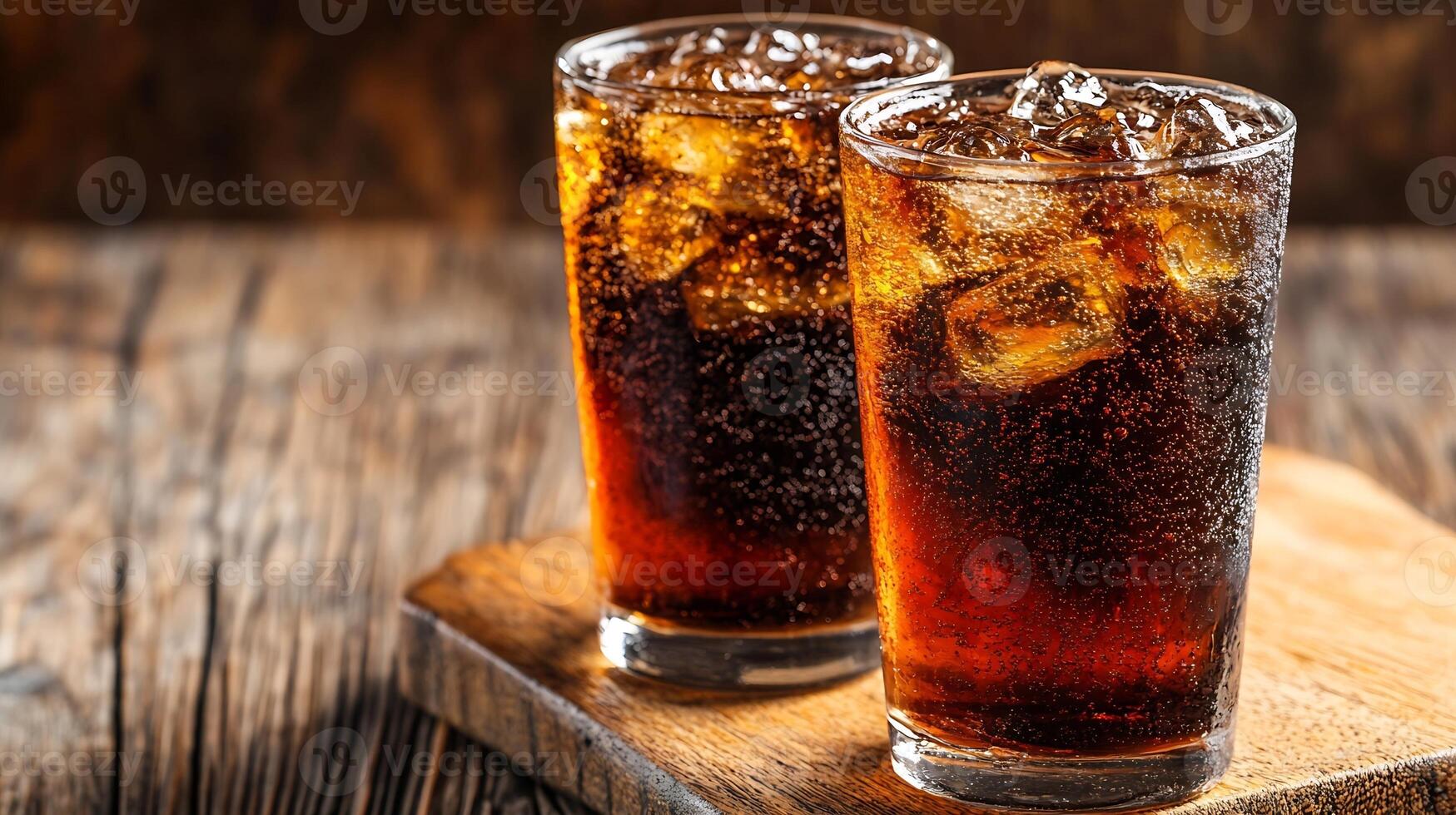 Two Refreshing Glasses of Chilled Carbonated Cola Beverage with Ice on Rustic Wooden Table photo