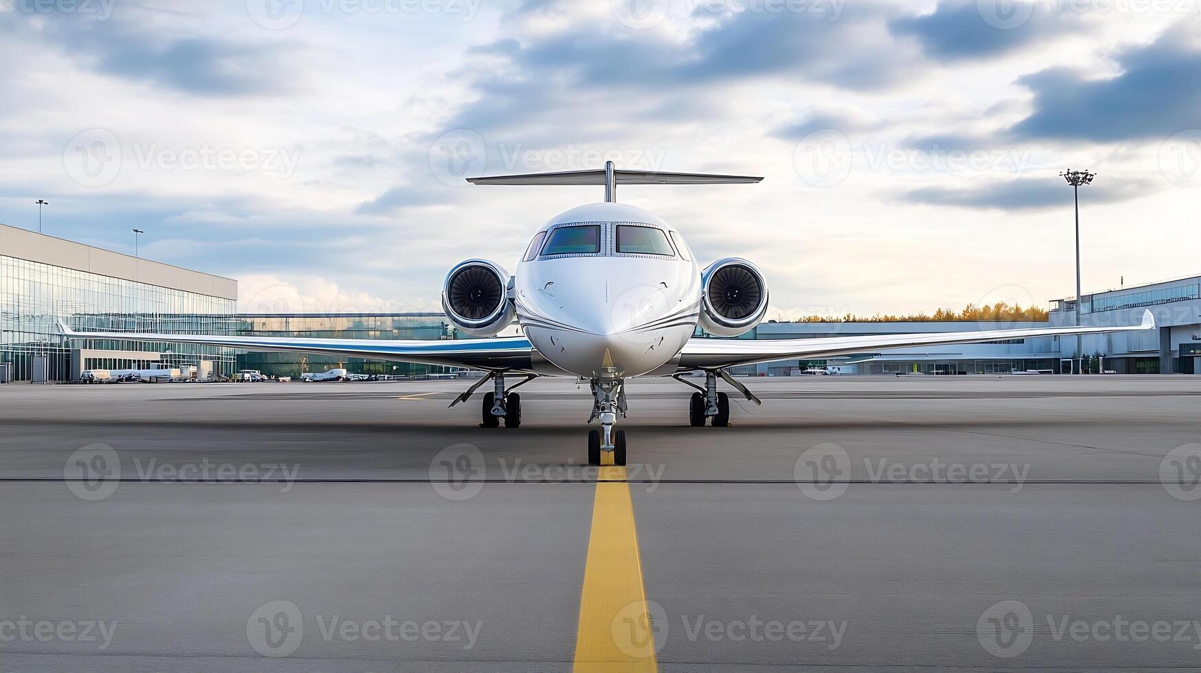 Private jet parked on the runway in front of a modern airport terminal under a cloudy sky photo