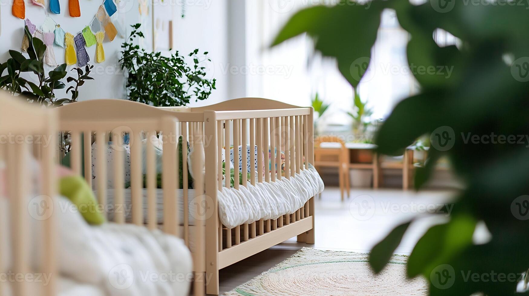 EcoFriendly Nursery with Indoor Plants and Wooden Cribs Creating Tranquil Atmosphere photo