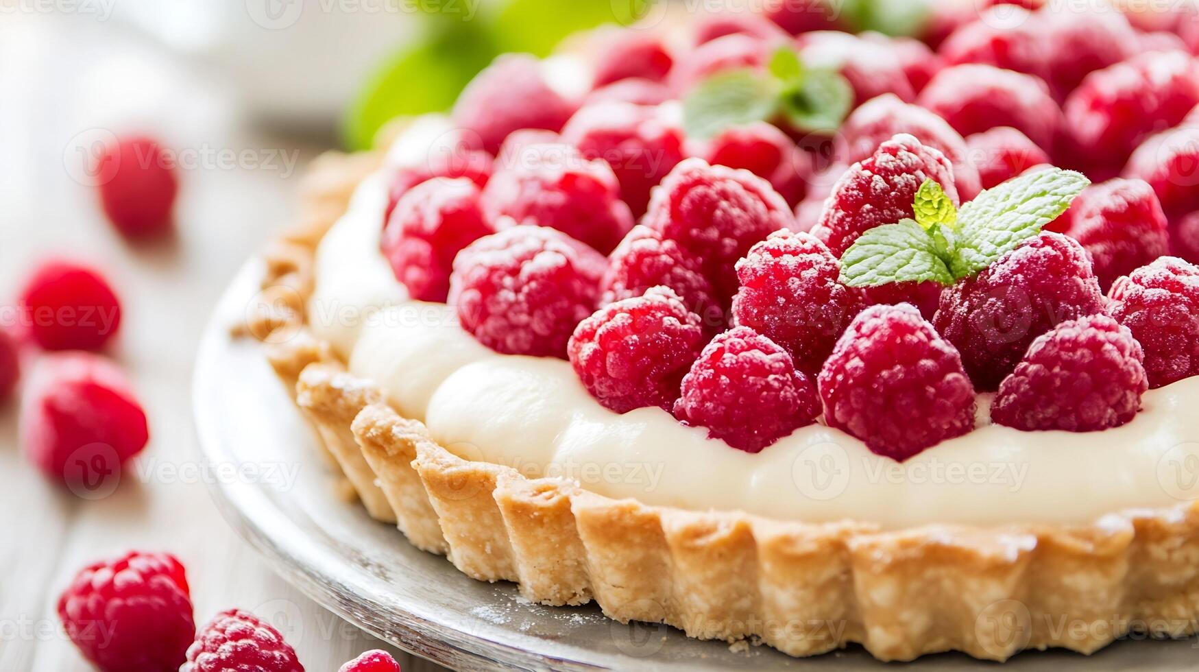 Fresh Raspberry Tart With Creamy Filling and Mint Garnish on Elegant Display photo