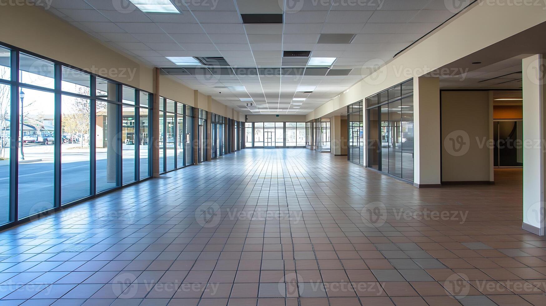 Spacious Empty Commercial Space With Wide Windows and Tiled Flooring photo
