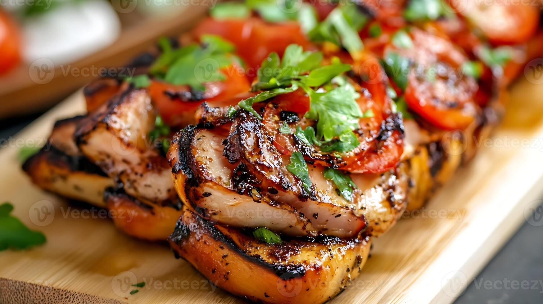 Grilled Chicken Skewers With Fresh Tomato And Herb Garnish On Wooden Platter photo