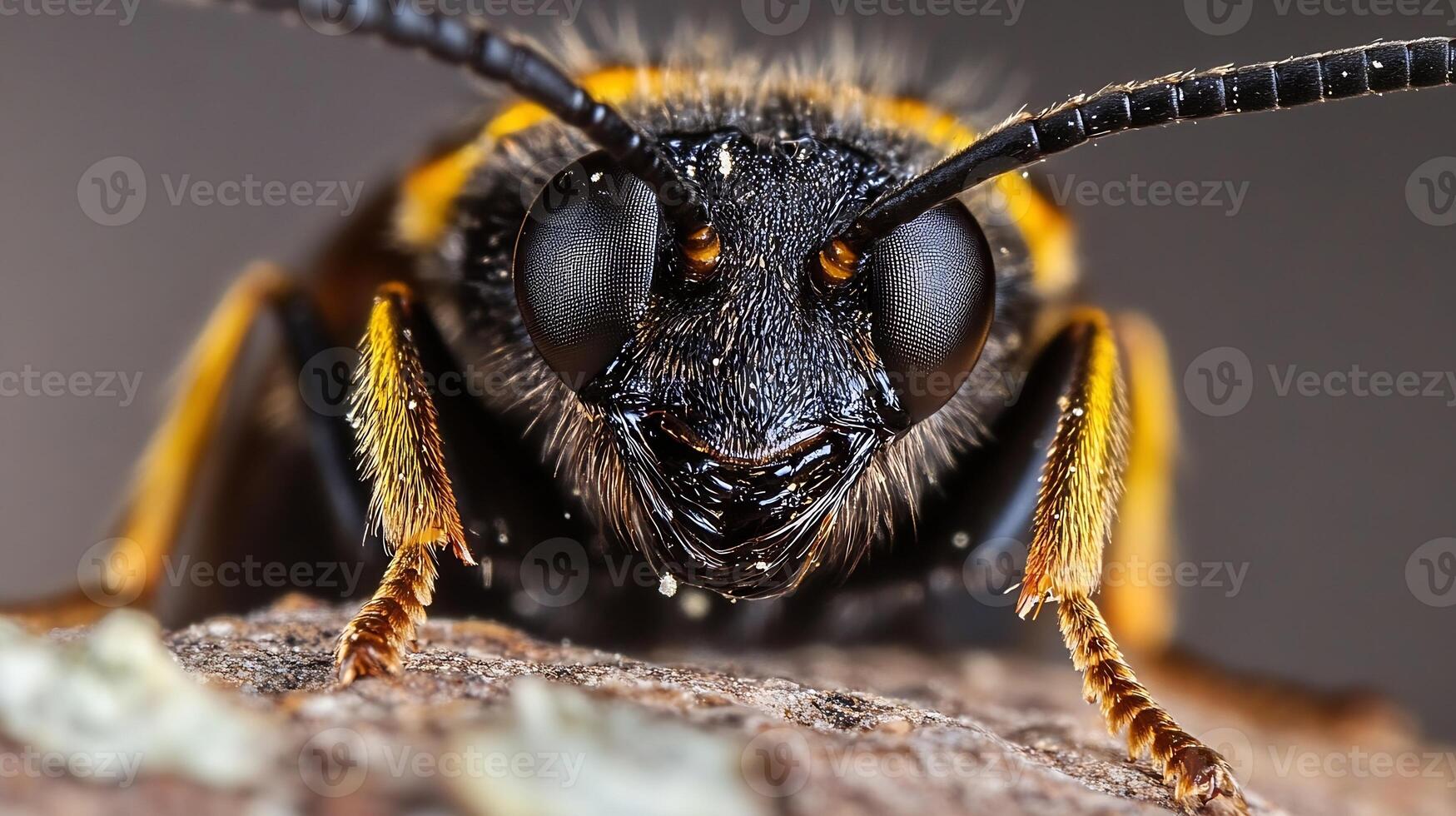 Close-up Portrait of Black and Yellow Bee with Detailed Features on Textured Surface photo