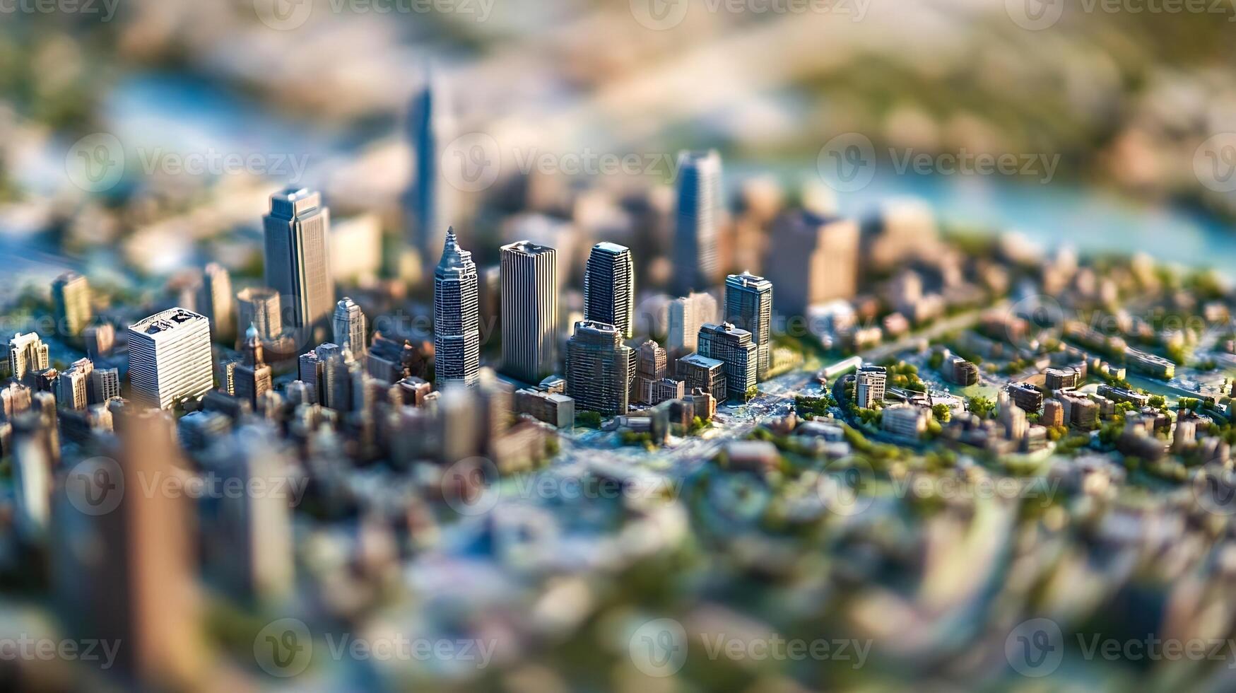 TiltShift Urban Skyline Scene with Distinctive Architecture and City River Overlooked by Skyscrapers photo