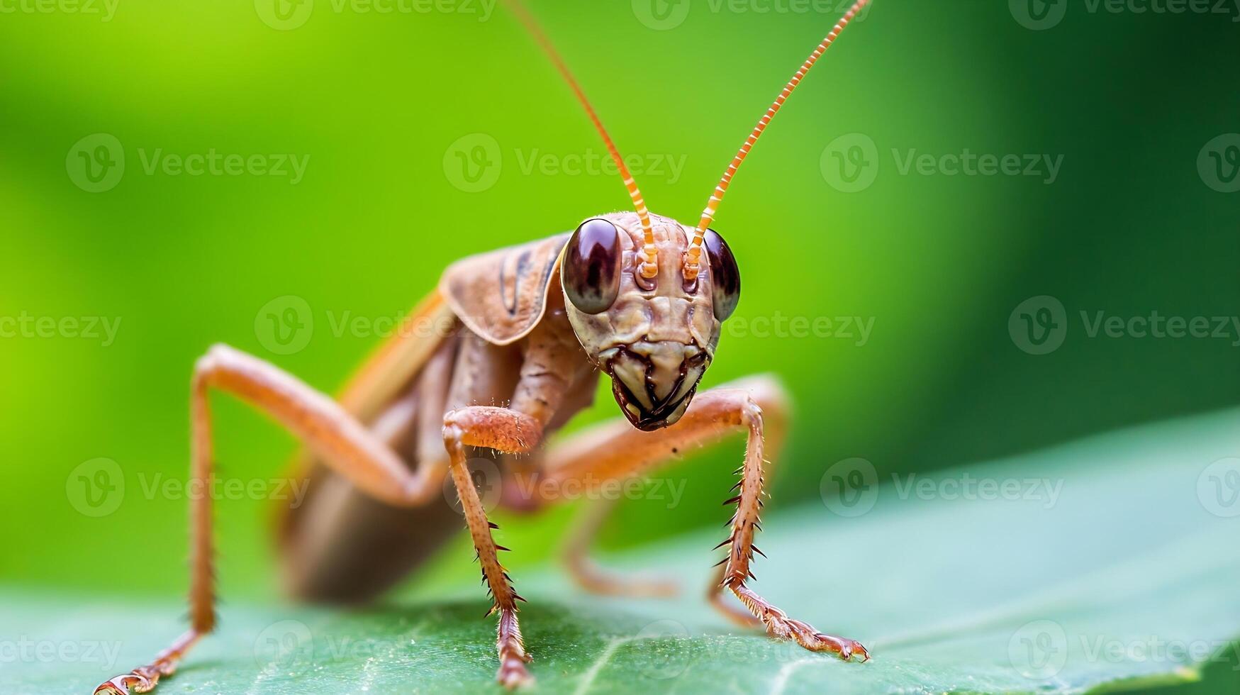 Macro Image of a Small Praying Mantis Posing on a Green Leaf photo
