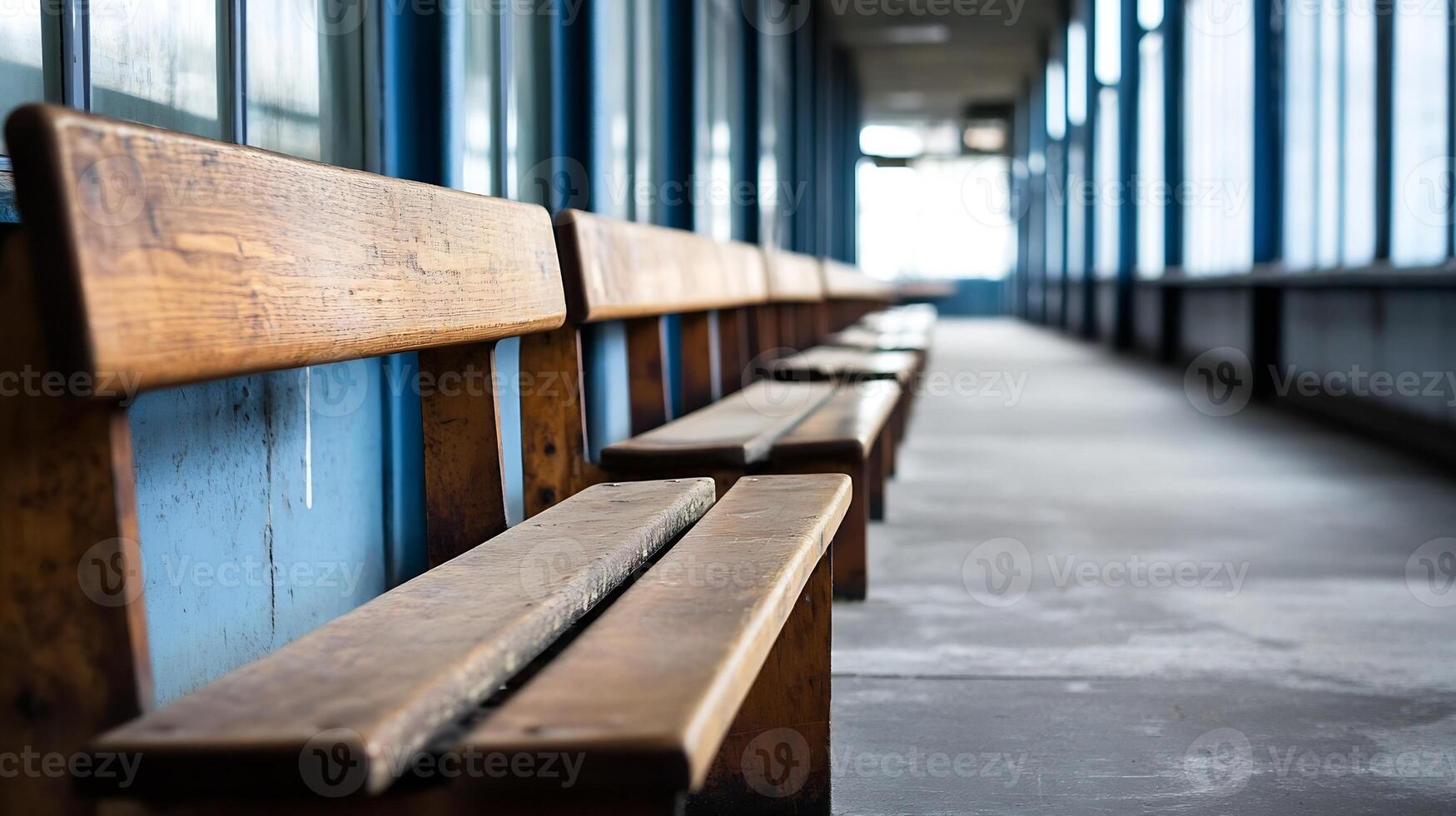Long Wooden Benches in a Corridor with Large Windows and Natural Light photo