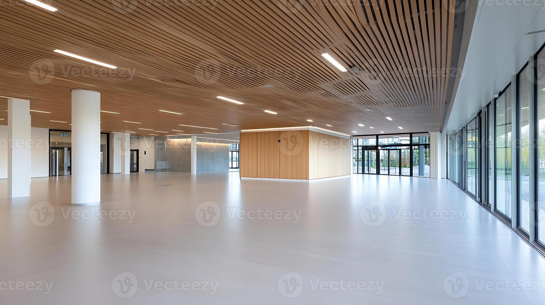 Spacious Modern Interior With Wooden Ceiling and Wide Glass Windows in a Bright Setting photo