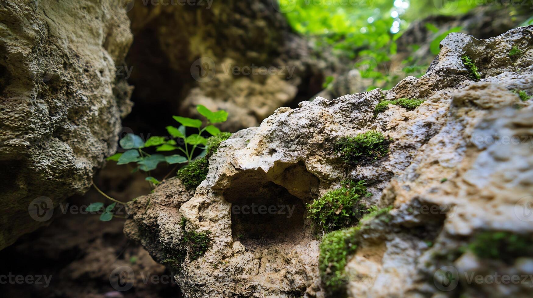 Moss-Covered Ancient Rocks in Mysterious Forest with Lush Greenery photo