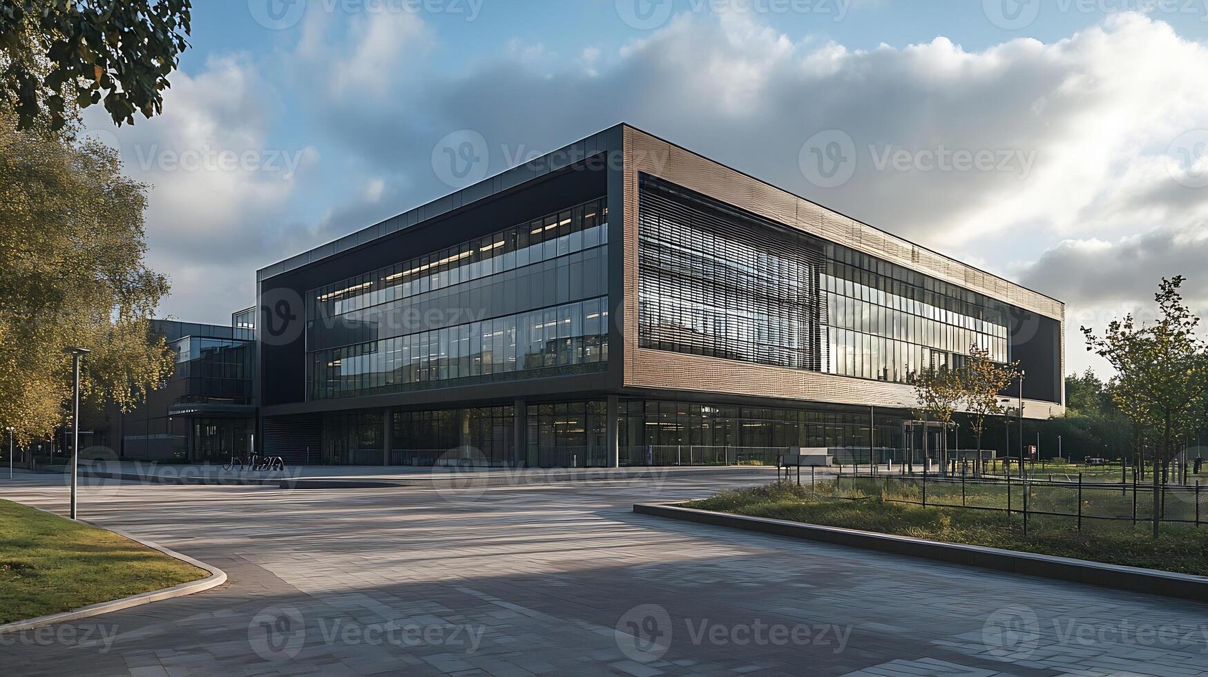 Contemporary Educational Building with Sleek Glass Windows and Open Piazza photo