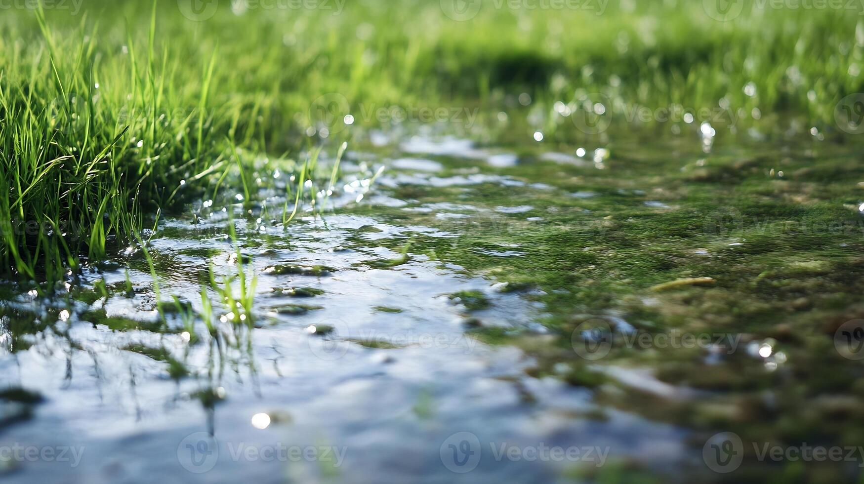 Close Up of Sparkling Stream Water Reflecting Sunlight with Vibrant Green Grass Growing Along the Edge photo