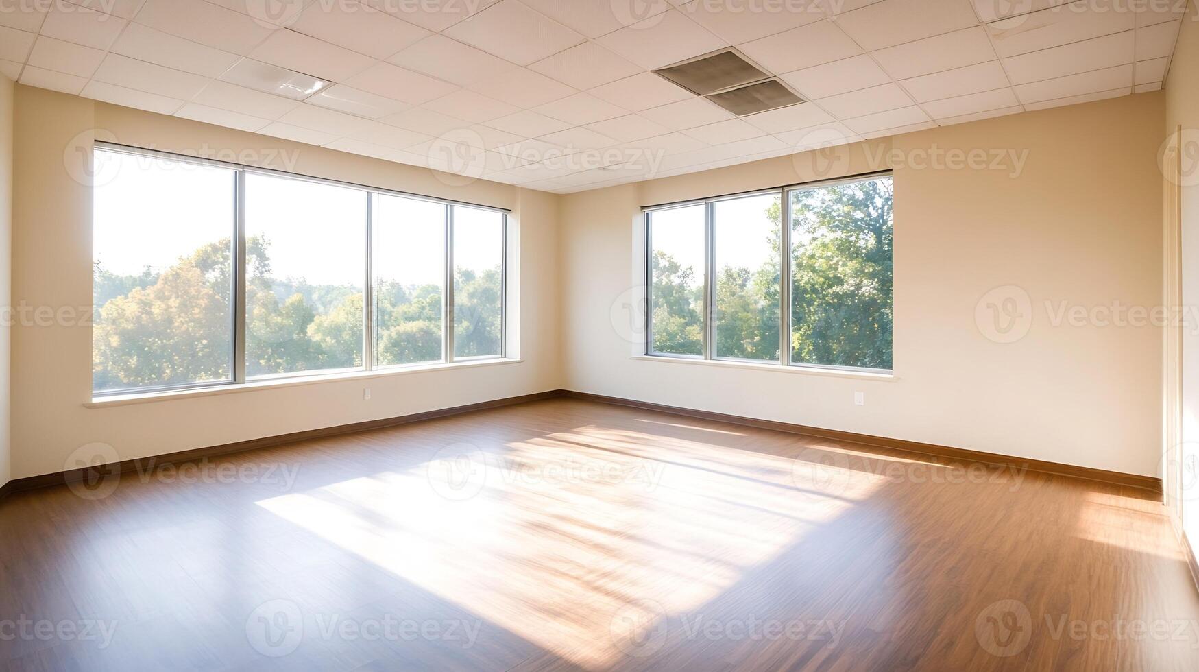 Spacious Empty Room with Bright Windows and Wooden Floor Ideal for Office or Studio photo