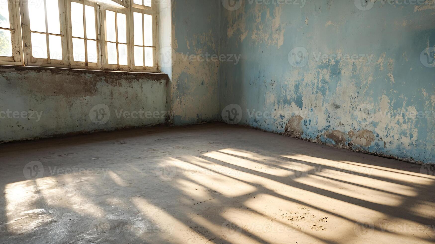 Abandoned Room with Peeling Paint and Sunlight Streaming Through Windows photo