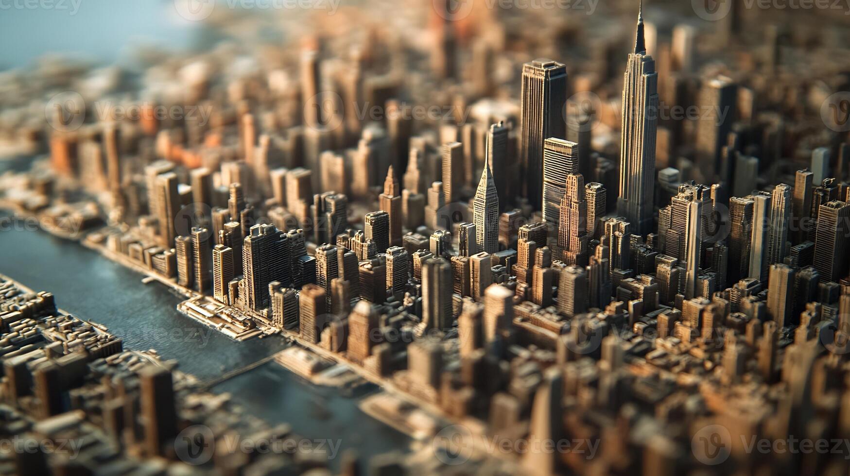 Miniature City Model with Detailed Skyscraper Architecture and River Scene for Detailed Urban Analysis photo