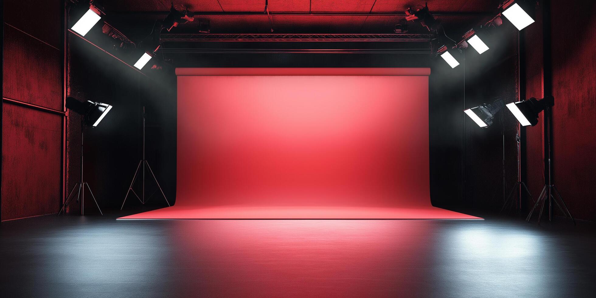 Red studio with lights and spotlight photo