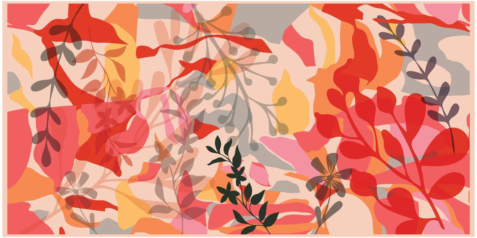 Repeat flower print pattern, A lively abstract composition filled with an assortment of colorful leaves and flowers, creating a visually striking pattern. vector