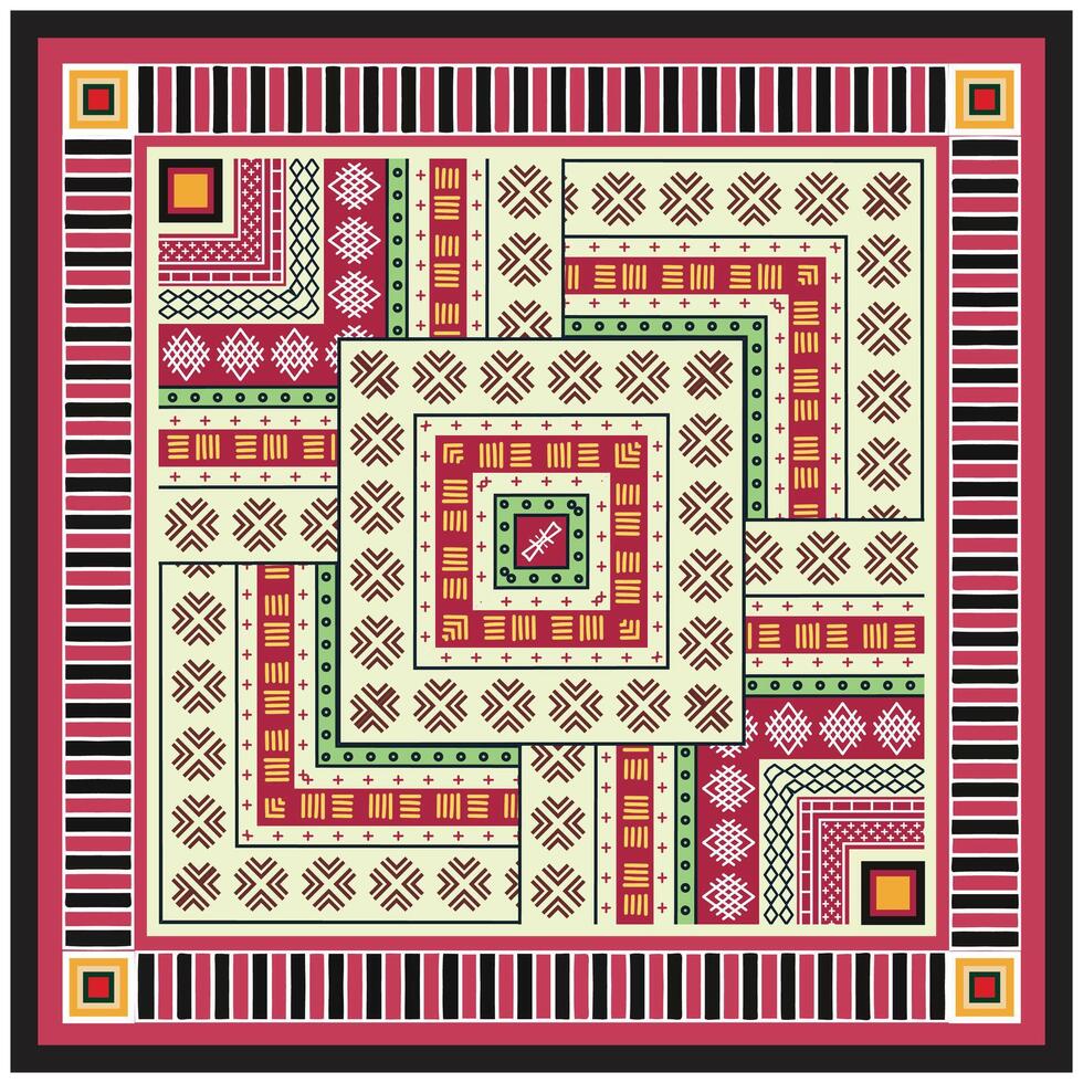 Colorful geometric square pattern with African inspired motifs in a square layout. vector
