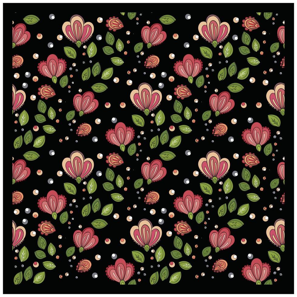 An elegant floral design composed of red and green flowers, creating a lively and colorful pattern on black background vector