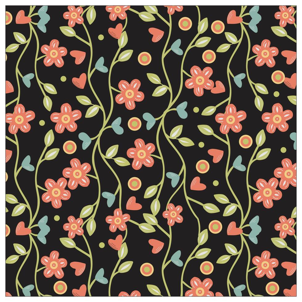 Colorful flowers and leaves beautifully contrast with a deep black background, creating a striking visual effect. vector