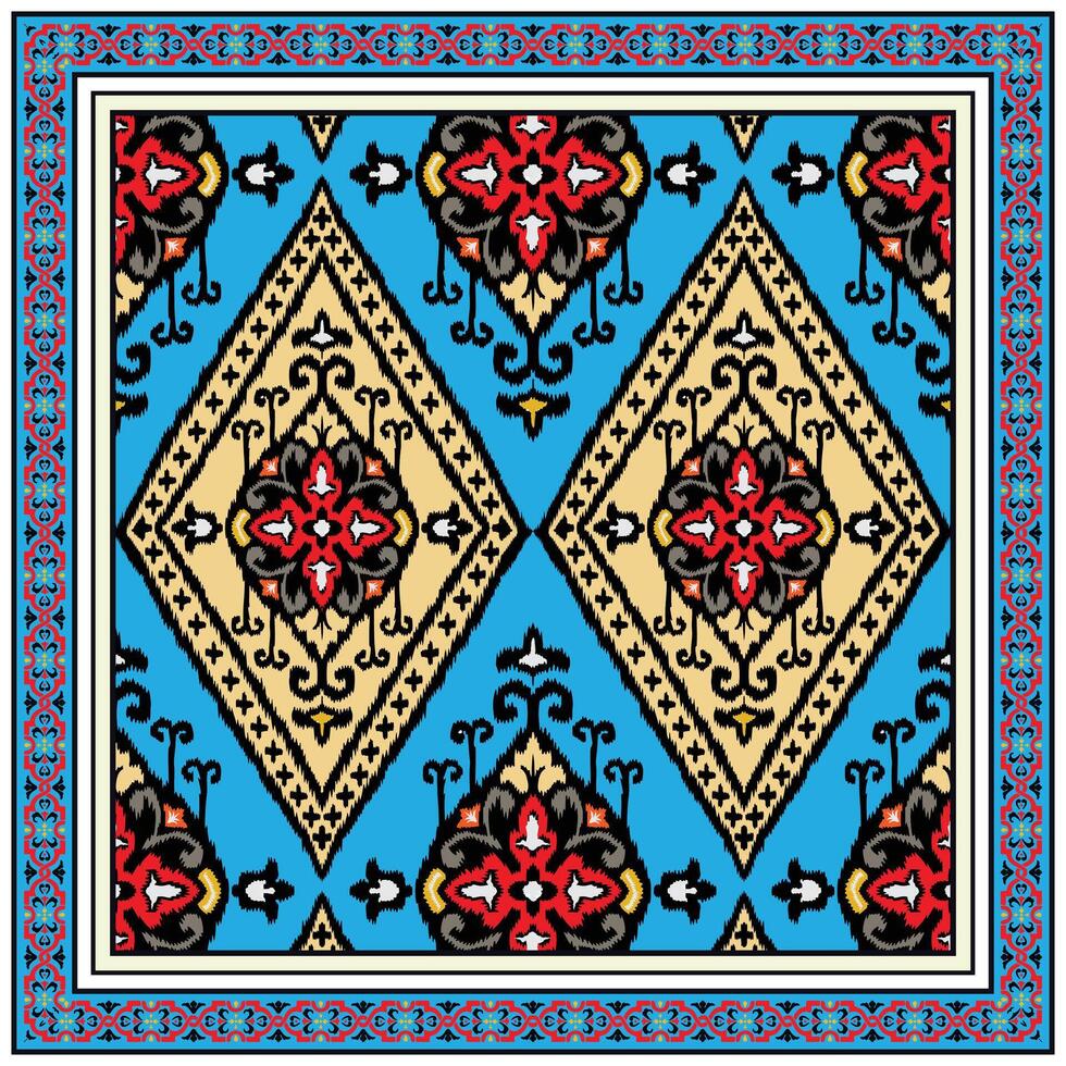 Square scarf, decorative textile pattern with symmetrical floral motifs in red, black, and beige on a blue background. vector