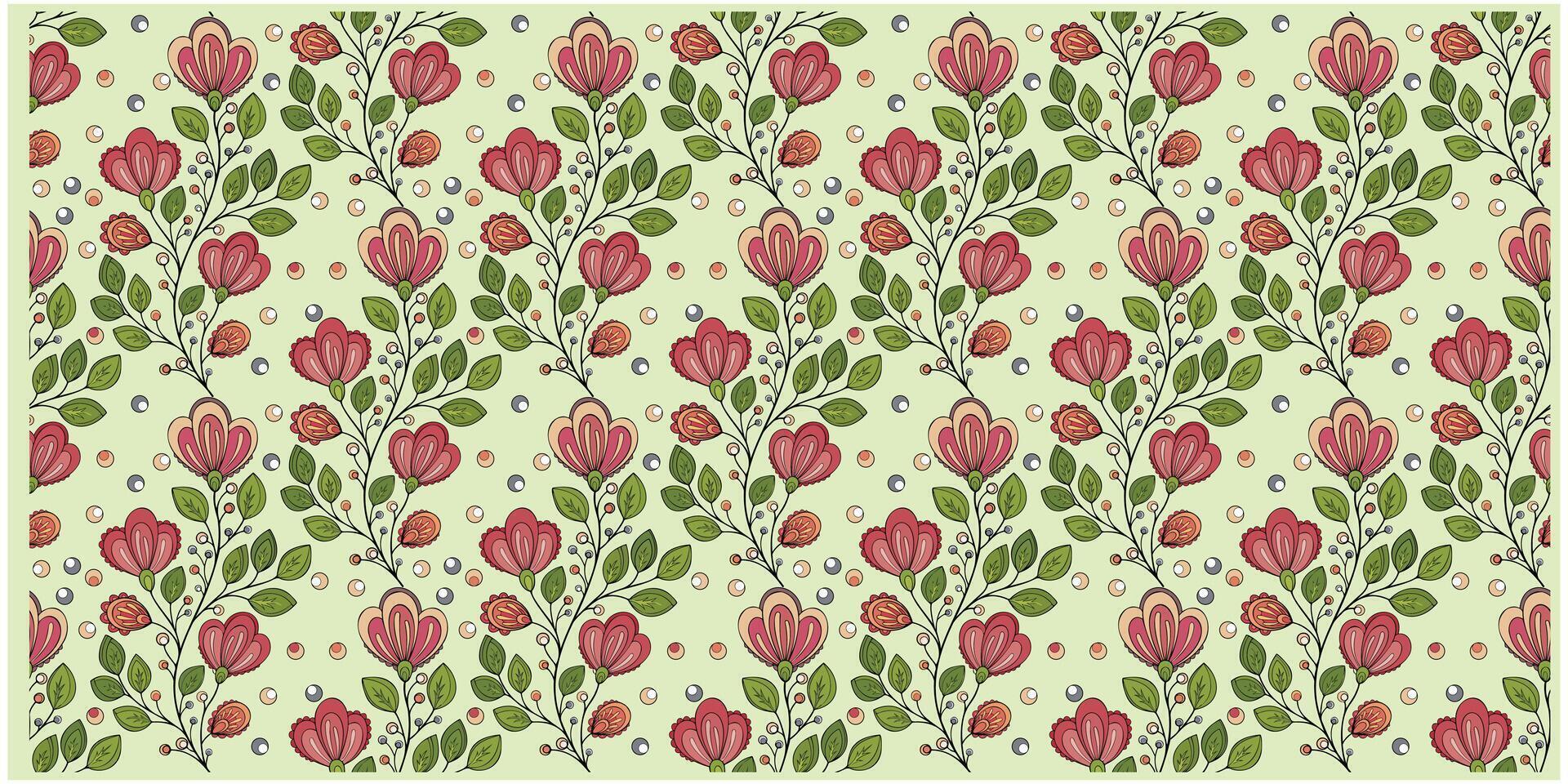 A decorative floral pattern showcasing an array of red and green flowers in a visually appealing arrangement. vector