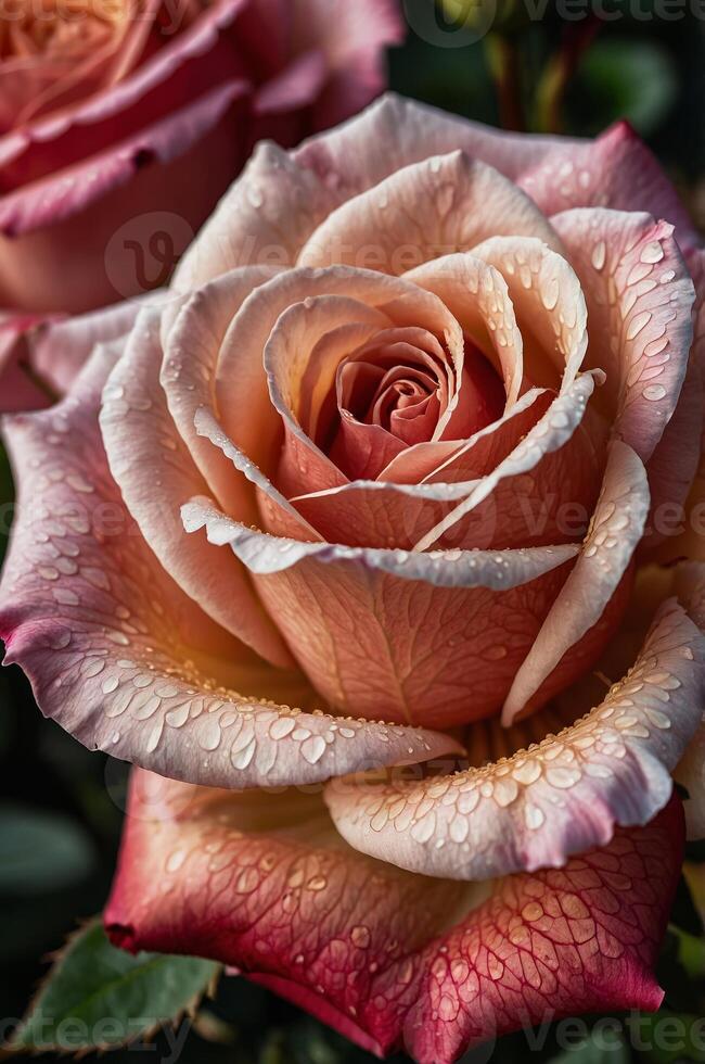 Beautiful pink and cream rose with dew drops photographed in a garden setting during early morning hours photo