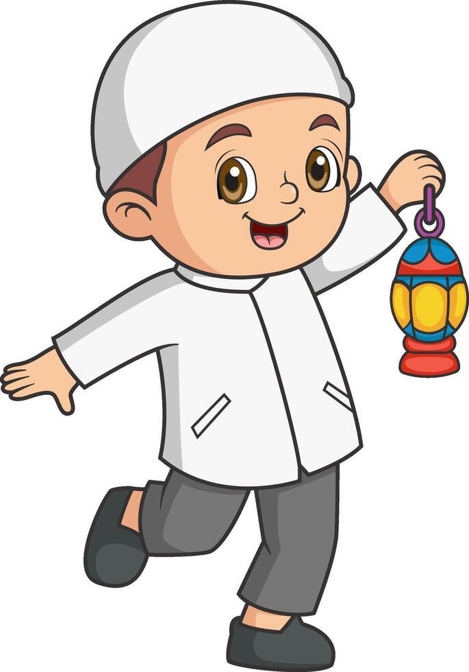 Happy Young Muslim Boy with Ramadan Lantern in Hand vector