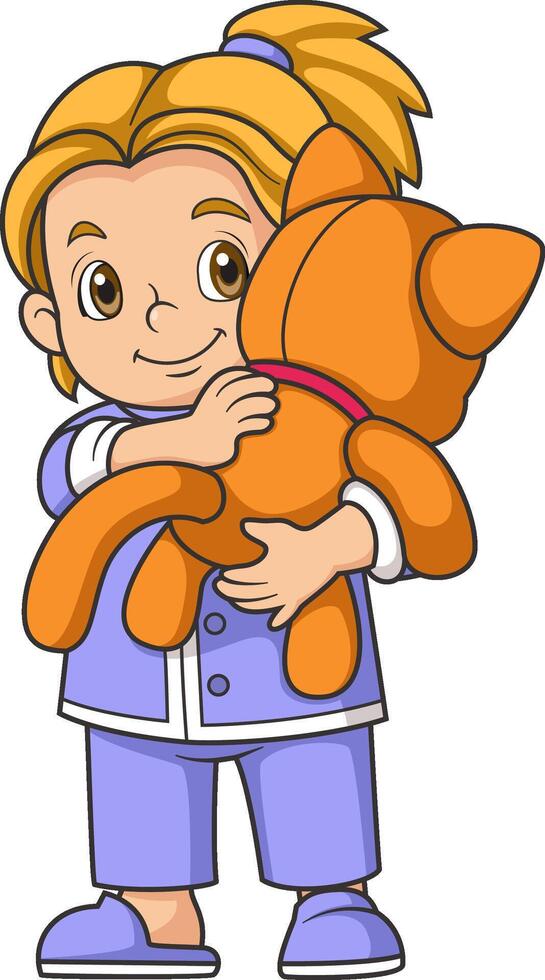 Cartoon little girl hugging little cat doll vector
