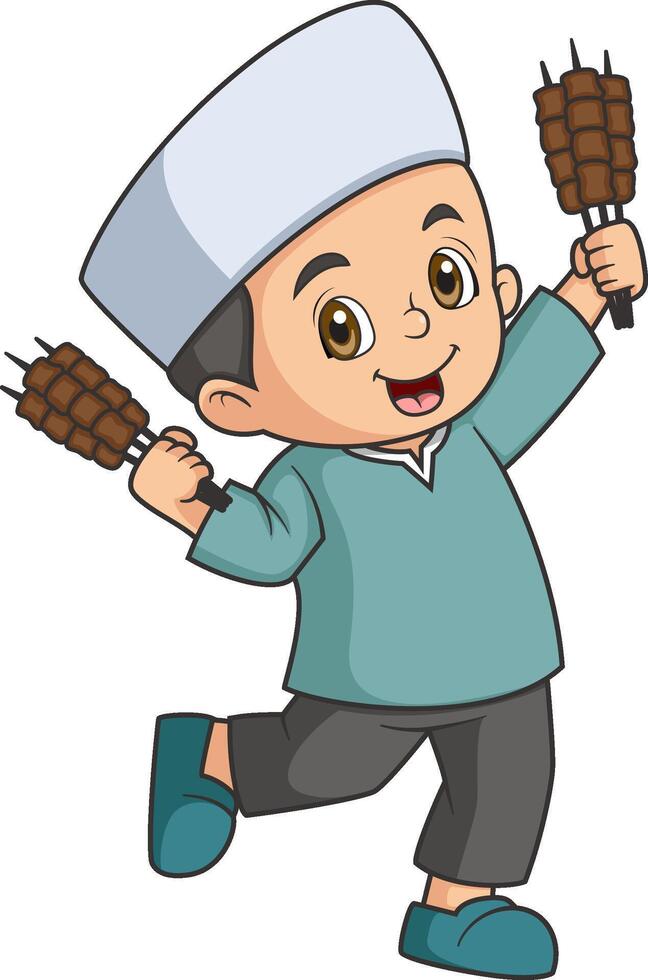 Happy Young Muslim Boy Holding Beef vector