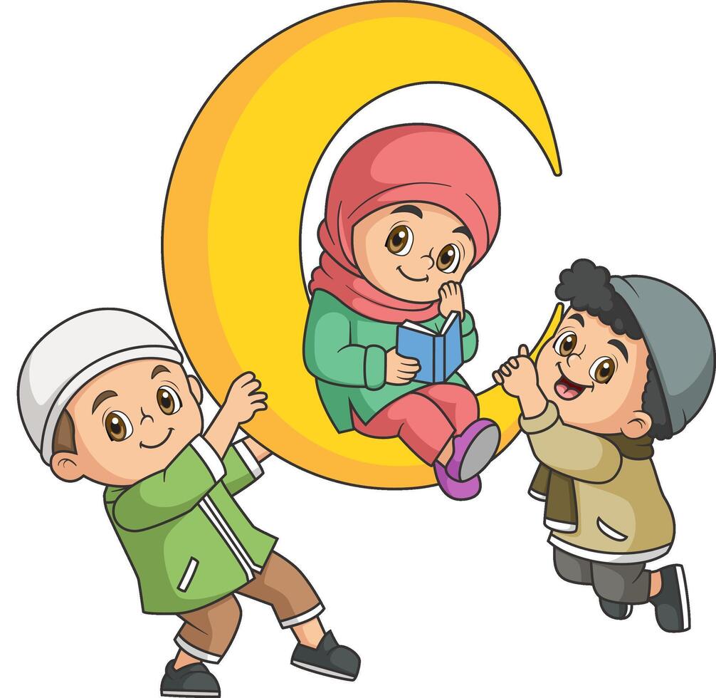 cute Muslim kids on crescent moon at Ramadan month vector