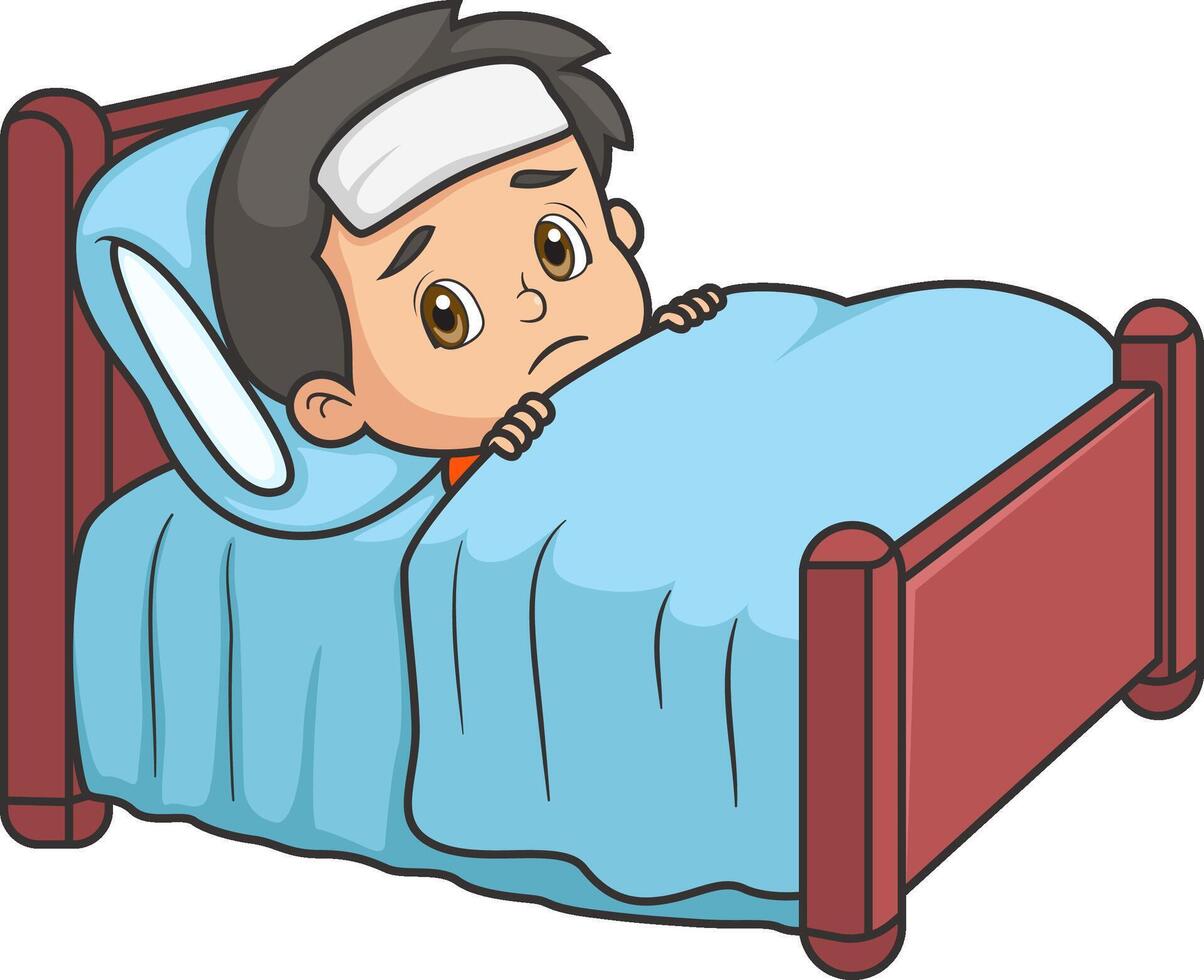 Sick cute boy sleep in bed and feel so bad vector