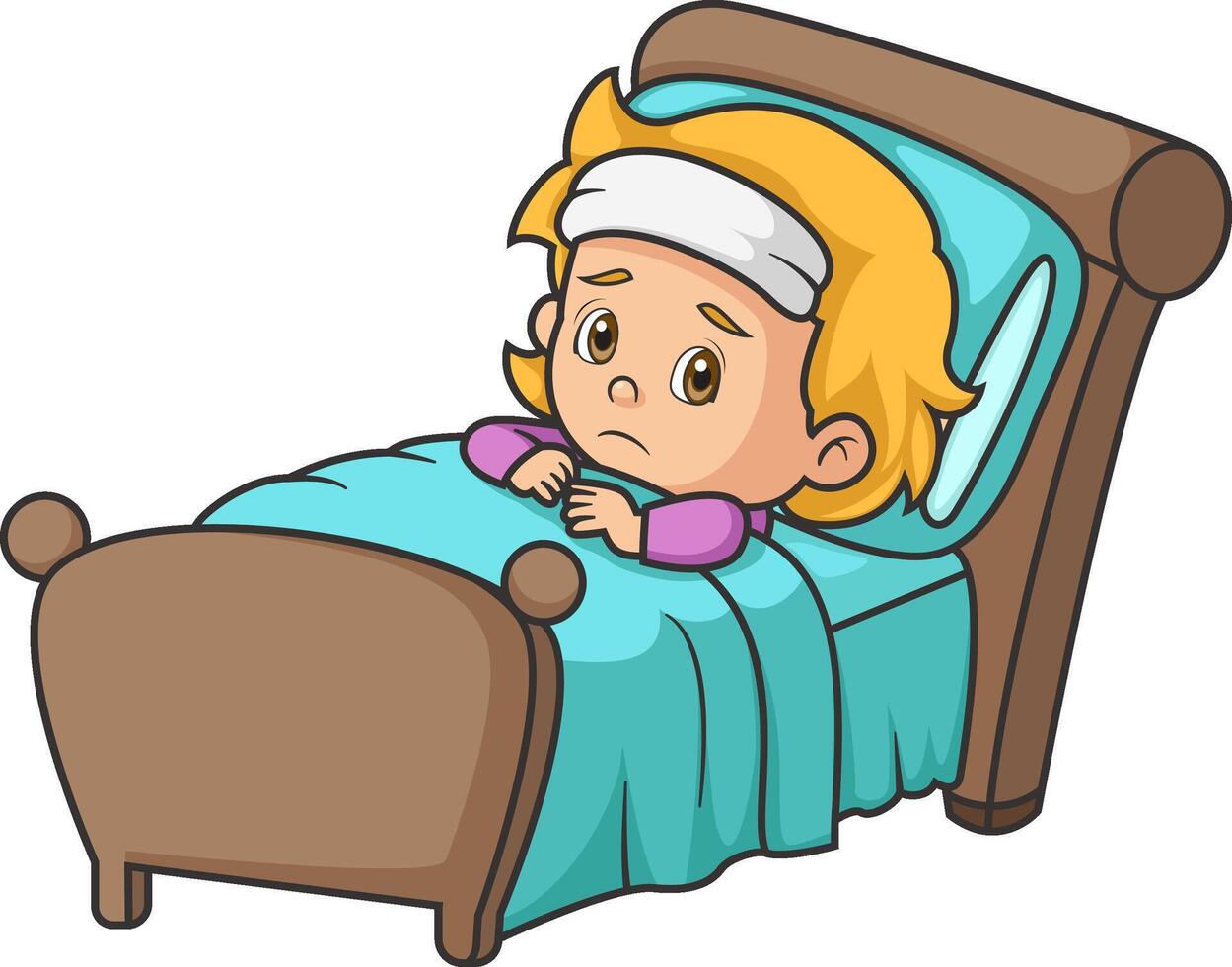 Sick cute girl sleep in bed and feel so bad vector